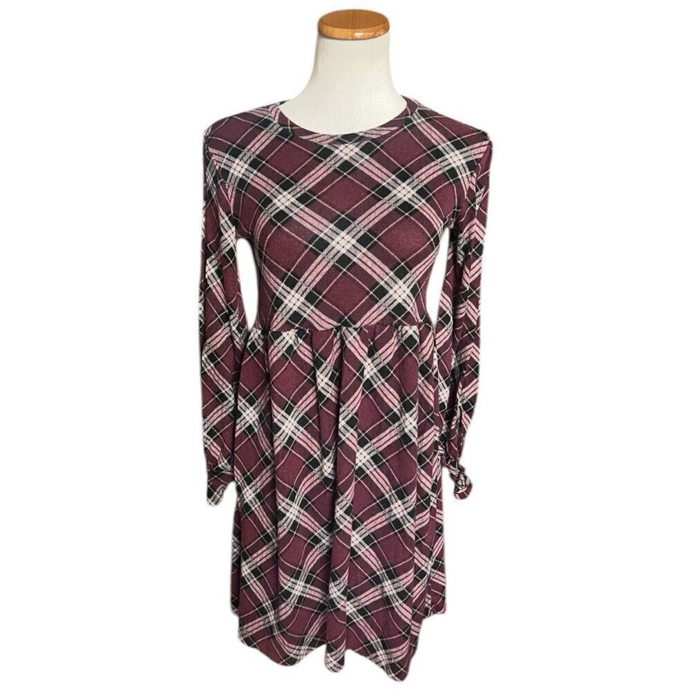 Youth Girls Knitworks Knit Works Long Sleeve Plaid Scoop Neck Dress Sz XL Plus